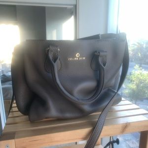 Celine Gray Pebbled Leather Satchel with Gold Logo